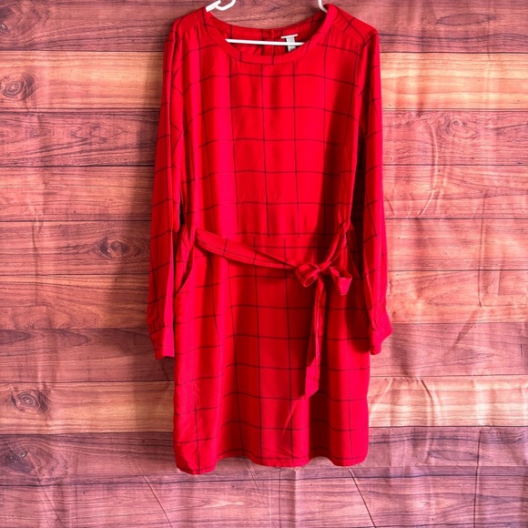 a new day Dresses & Skirts - A New Day Red Windowpane Plaid Long Sleeve Tie Waist Dress Womens Large
